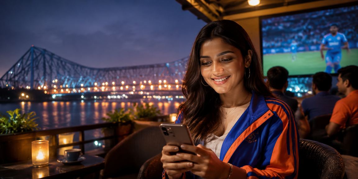 Cricket fans betting online with mobile devices near Kolkata's Howrah Bridge